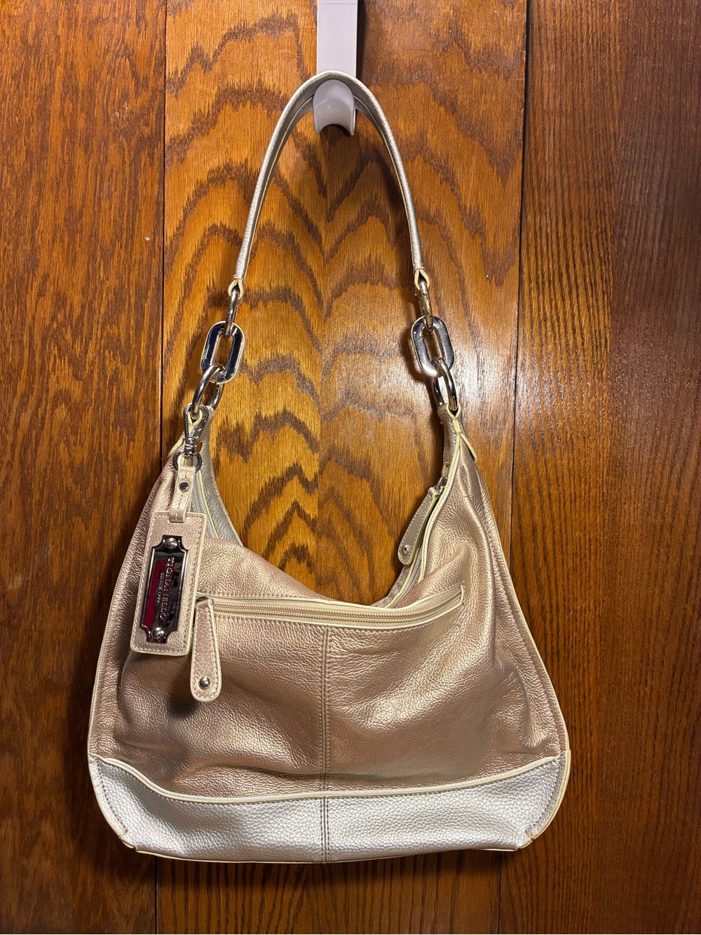 Tignanello Metallic Leather Shoulder Hobo Bag Gold Silver 14x11